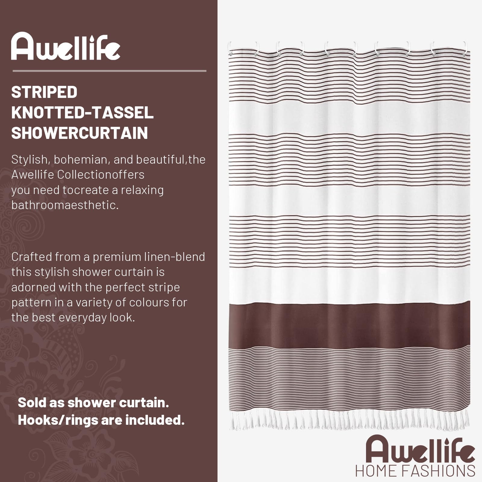 Awellife Boho Dark Brown Shower Curtain For Bathroom Stripe Tassel Shower Curtain 72 X 72 Inches Farmhouse Linen